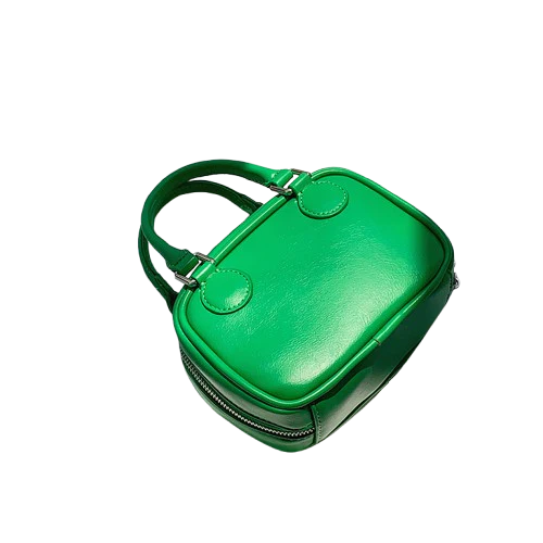 Women’s Mini PU Leather Shoulder Bag – Rounded Boston Style, Zipper Closure (Black/Green)