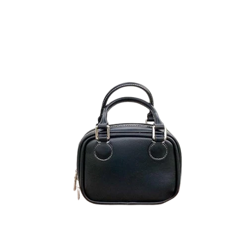 Women’s Mini PU Leather Shoulder Bag – Rounded Boston Style, Zipper Closure (Black/Green)
