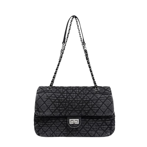Women’s Denim Texture Shoulder Bag – Urban Casual Medium Tote with Chain Detail and Zipper Closure