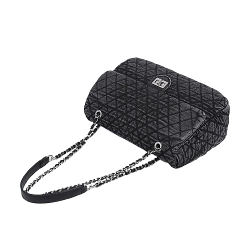 Women’s Denim Texture Shoulder Bag – Urban Casual Medium Tote with Chain Detail and Zipper Closure