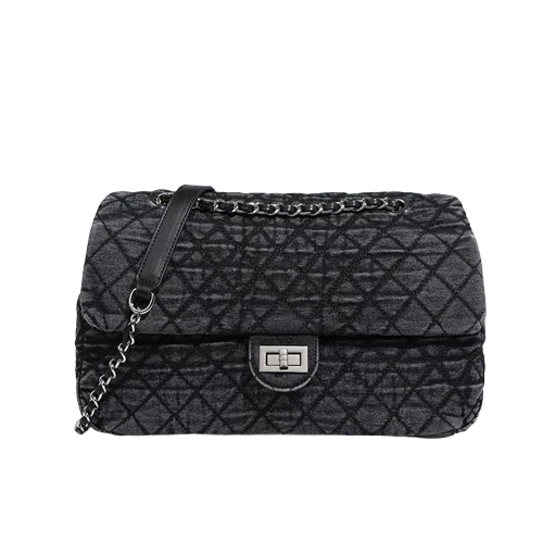 Women’s Denim Texture Shoulder Bag – Urban Casual Medium Tote with Chain Detail and Zipper Closure