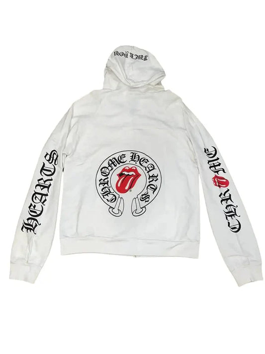 Chrome Hearts White Zip-Up Hoodie – Unisex Streetwear with Rolling-Inspired Back Print